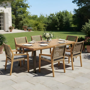 English Elm Modern Acacia Wood Wicker Armchair Outdoor Dining Set Seats Six on Patio N770PS797R192
