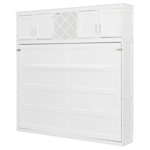 English Elm Queen Murphy Wall Bed with Storage Cabinets and Wine Rack for Small Space Living White LP000879AAK-1
