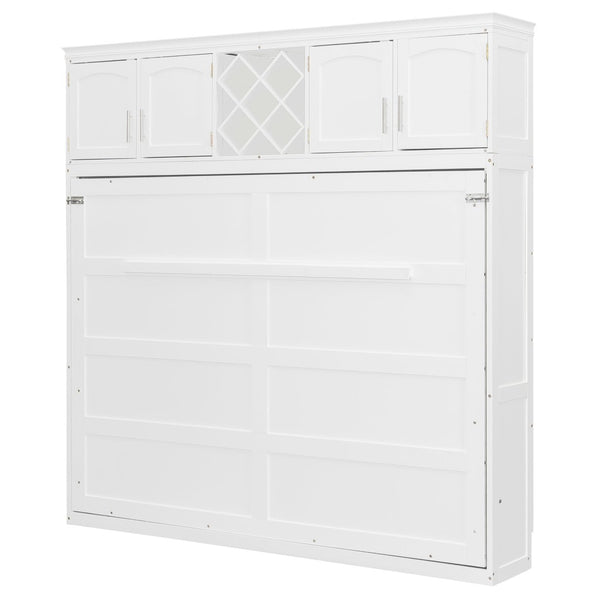 English Elm Queen Murphy Wall Bed with Storage Cabinets and Wine Rack for Small Space Living White LP000879AAK-1