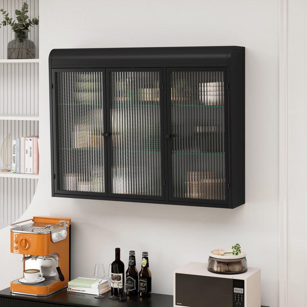 English Elm 3 Door Arched Wall Mounted Glass Cabinet with Wide Top Narrow Bottom Design for Stylish Storage and Display Black W757P221501