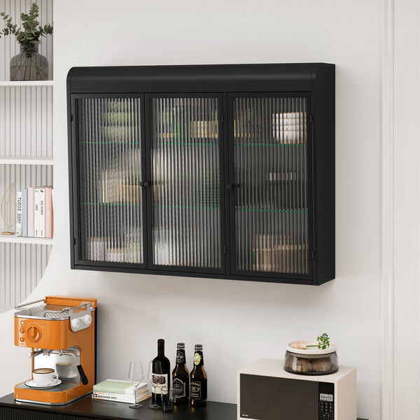 English Elm 3 Door Arched Wall Mounted Glass Cabinet with Wide Top Narrow Bottom Design for Stylish Storage and Display Black W757P221501