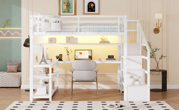English Elm Full Size Steel Loft Bed with Staircase Storage Wardrobe Desk and Led Lighting White W2593S00059