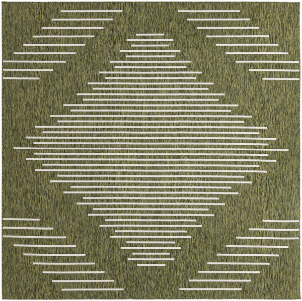 Unique Loom Outdoor Modern Tambor Machine Made Lines Rug Green, Ivory 10' 8" x 10' 8"