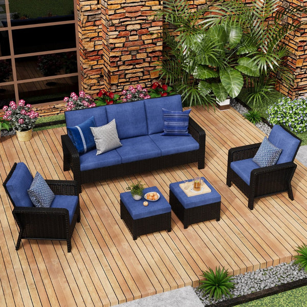 English Elm Tl Five Piece Outdoor Sectional Set Pe Wicker High Back Sofa Chairs Footstools T5925S00012