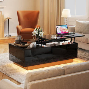 English Elm Coffee Table with Led Lighting Bluetooth Speaker Wireless Charging and Faux Marble Top T3773P417345