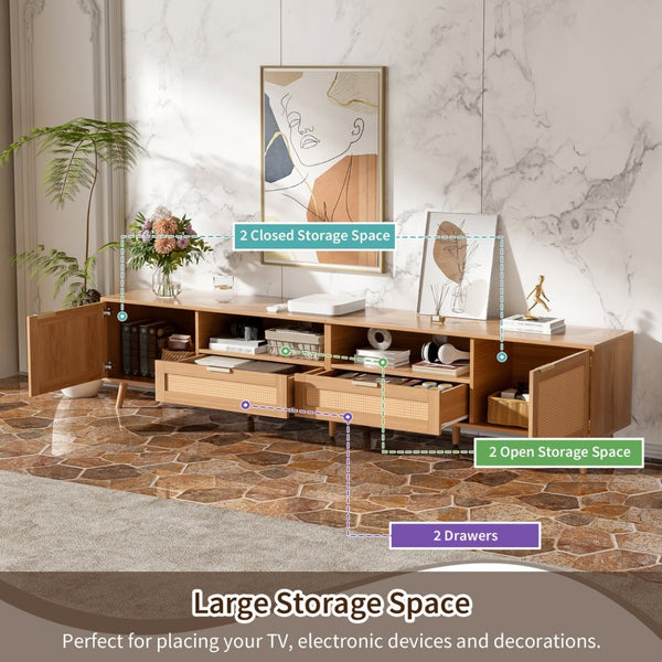 English Elm Rattan Door Media Console with Pine Legs Modern Farmhouse Tv Stand for Large Living Rooms N710P365030P