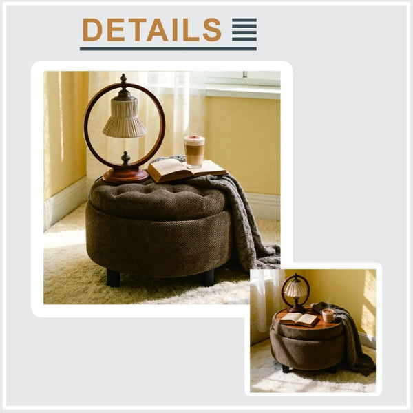 English Elm 25 Inch Round Fabric Pouf Ottoman with Removable Wooden Lid and Hidden Interior Storage Coffee W5568P461367