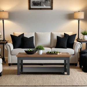 English Elm 48 Modern Farmhouse Coffee Table Black & Whiskey Finish, 48" Solid Wood Top, Shelf, Casters, Fully Assembled B108P160149