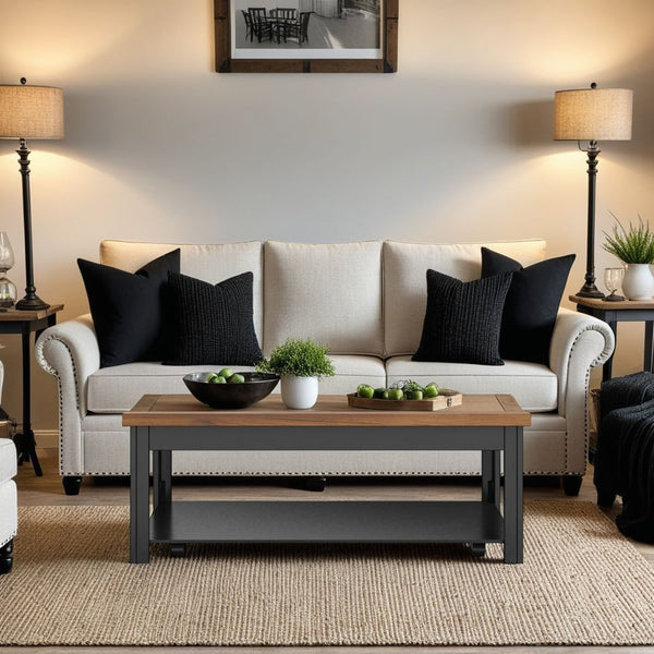 English Elm 48 Modern Farmhouse Coffee Table Black & Whiskey Finish, 48" Solid Wood Top, Shelf, Casters, Fully Assembled B108P160149
