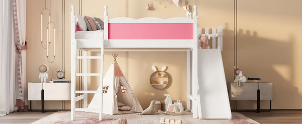English Elm Twin Loft Bed Solid Pine Frame with Wardrobe Shelving Detachable Slide Kids Room W5305S00021