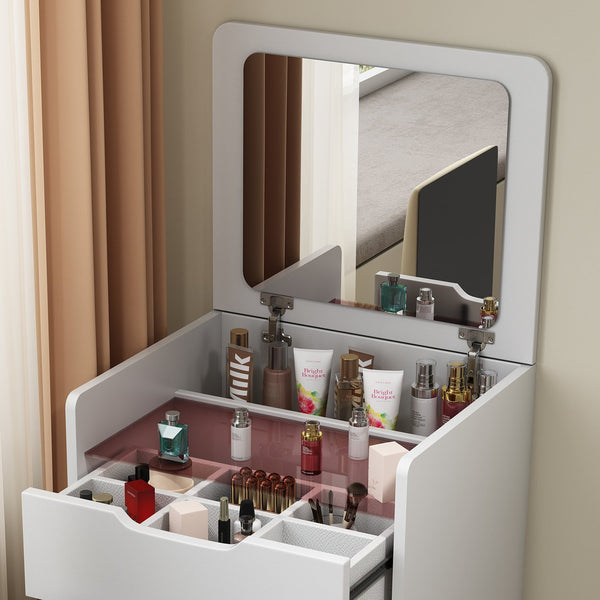 English Elm (48CM) 3-in-1 Vanity Desk with Lighted Flip Mirror, Glass Top, 3 Drawers & Stool — Compact White MDF Vanity W2641P224783