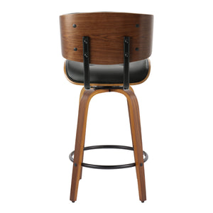 English Elm Lombardi Mid-Century Counter Stool Set of 2 — Walnut Bent Wood Frame, Tufted Faux Leather Swivel, 26" Black B202S00340