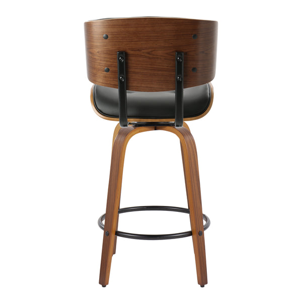 English Elm Lombardi Mid-Century Counter Stool Set of 2 — Walnut Bent Wood Frame, Tufted Faux Leather Swivel, 26" Black B202S00340
