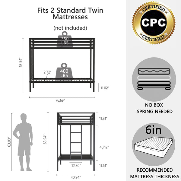English Elm Adam Twin Over Twin Bunk Bed Metal Black with Full Guardrails Ladder Easy Assemble Plastic End Caps Durable Frame B083P319019