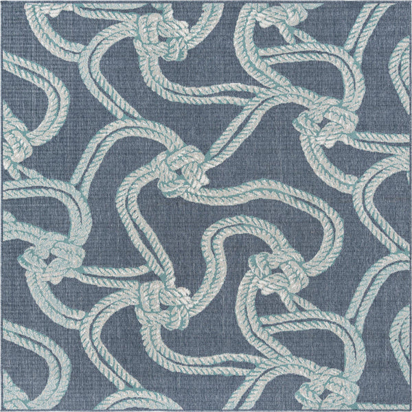 Unique Loom Outdoor Coastal Tethered Machine Made Solid Print Rug Navy Blue, Ivory/Gray/Green 7' 10" x 7' 10"