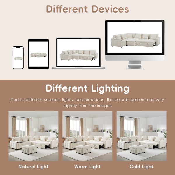 English Elm 117*90'' Modular Sectional Sofa Bed with Flip-Up Table, Reading Lamps, Charging Ports, Ottoman Storage, Tufted Chenille Elegance Cream N723S9798A