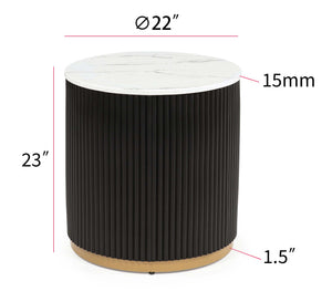English Elm 1pc End Table Marble-Inspired Top with Gold Base, Reeded Modern Accent Table 22" Round x 23"H B011P369367