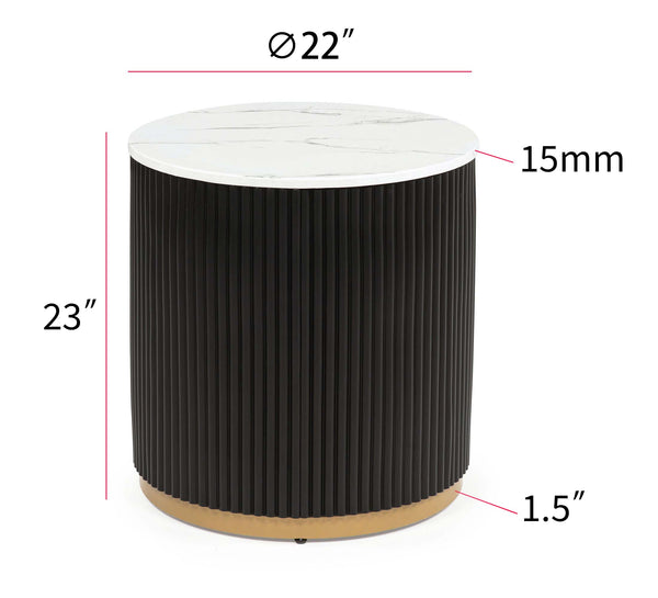 English Elm 1pc End Table Marble-Inspired Top with Gold Base, Reeded Modern Accent Table 22" Round x 23"H B011P369367