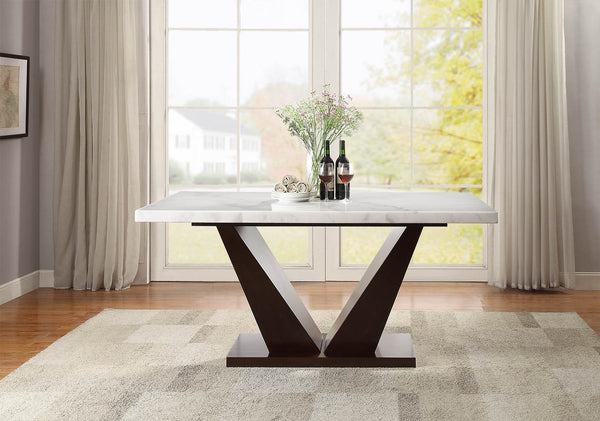 English Elm Forbes White Marble Top Dining Table with 2" Real Marble, Walnut V-Shape Base, Rectangular Leg Design B2726S00377