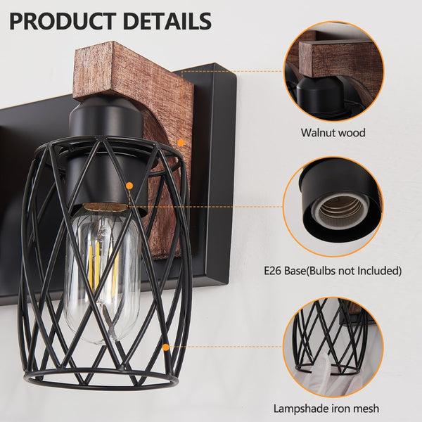 English Elm Industrial Seven Light Black Iron Cage Sconce with Walnut Wood Backplate for Bath W1340P276817
