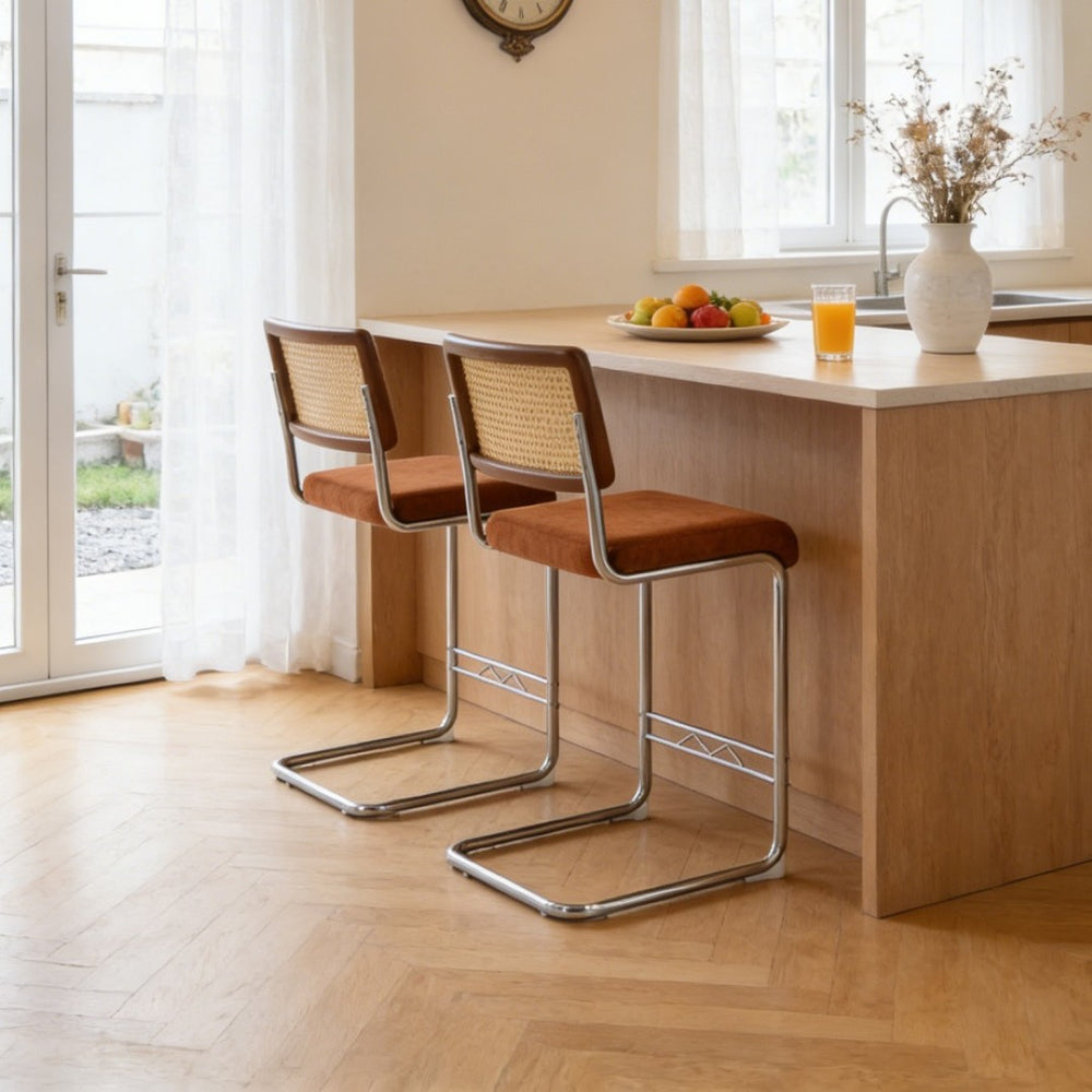 English Elm Natural Rattan Backrest Counter Stools Set of Two with Velvet Seat and Chrome Legs W2920P395621