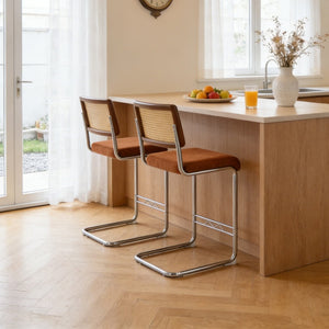 English Elm Natural Rattan Backrest Counter Stools Set of Two with Velvet Seat and Chrome Legs W2920P395621