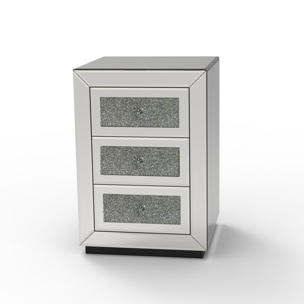 English Elm 3-drawer Mirrored Nightstand with Glitter Glam Silver Finish for Bedroom or Entryway W3935P462091