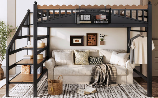 English Elm Twin Xl Metal Loft Bed with Stair Storage Shelves Sturdy Steel Frame for Dorms W1580S00379