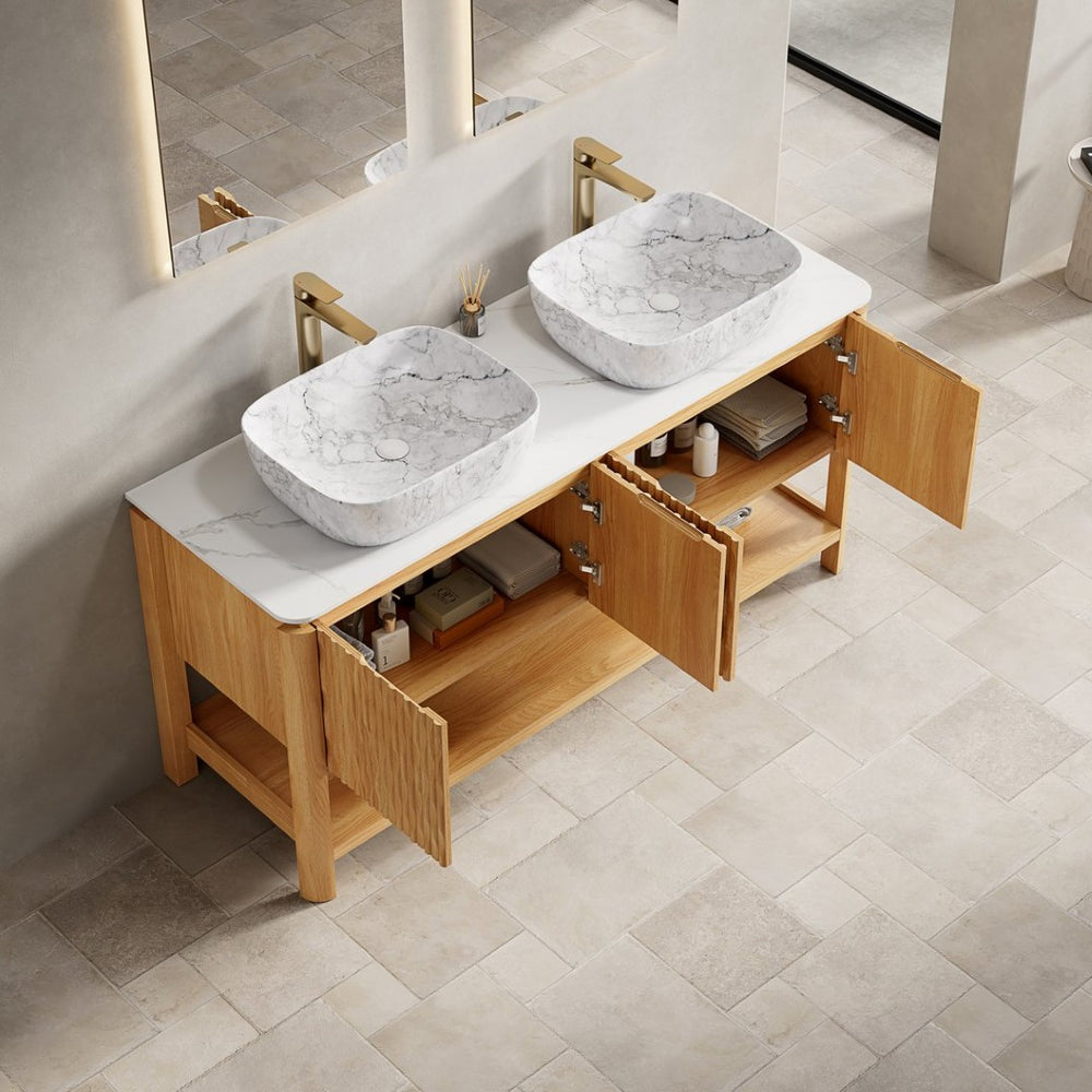 English Elm Dina 60 Inch Floating Bathroom Vanity Sintered Stone Top Dual Glass Basins Wood Grain W2615S00519