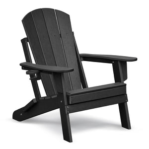 English Elm Folding Outdoor Hdpe Adirondack Chair with Retractable Ottoman for Deck or Patio Black W1889P450821