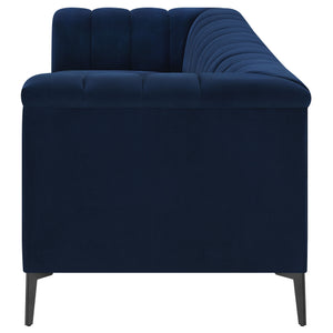 English Elm Darci Blue Velvet Tuxedo Sofa with Channel Tufting and Angled Black Metal Legs — Luxe Accent Seating B062P357812