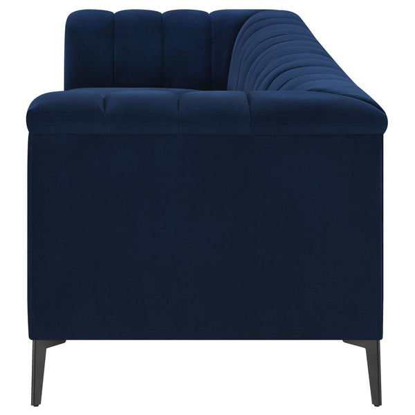English Elm Darci Blue Velvet Tuxedo Sofa with Channel Tufting and Angled Black Metal Legs — Luxe Accent Seating B062P357812