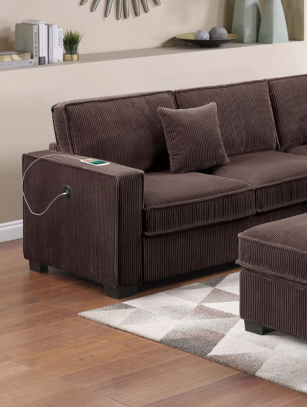 English Elm Modern Corduroy Sectional Set with Usb Charging Ottoman and Accent Pillows for Living Room B011S02198