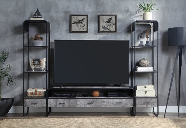 English Elm Modern Concrete Gray Side Pier with Drawer & Black Metal Frame, Open Shelves for Stylish Storage B2741P337176