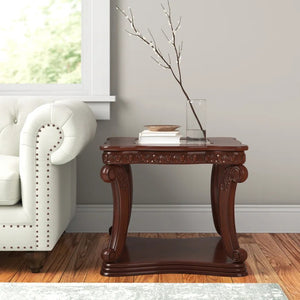 English Elm Dark Dark Oak Finish Traditional End Table with Ornate Carvings, 5mm Tempered Glass Top & Shelf B2741P357336