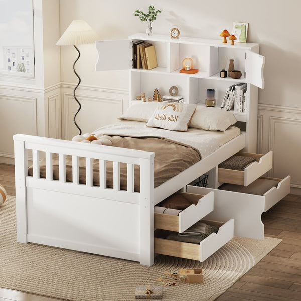 English Elm Twin Captain Platform Bed with Bookcase Headboard Four Drawers Pine Mdf Frame White GX001828AAK-1