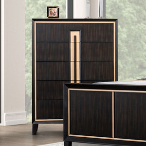English Elm Contemporary Chic Chest with Gold Accents, Acrylic Trim, Metal Bracket Legs and Dust‑Proof Drawers Espresso 42 L x 22 W x 52 H B2741P372706