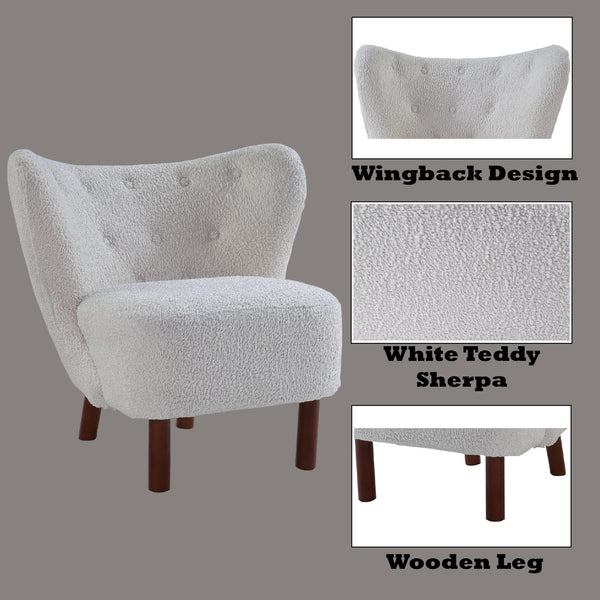 English Elm Zusud White Teddy Sherpa Accent Chair — Plush Wingback Design, Full Foam Comfort, Sturdy Wooden Legs B2726P251794