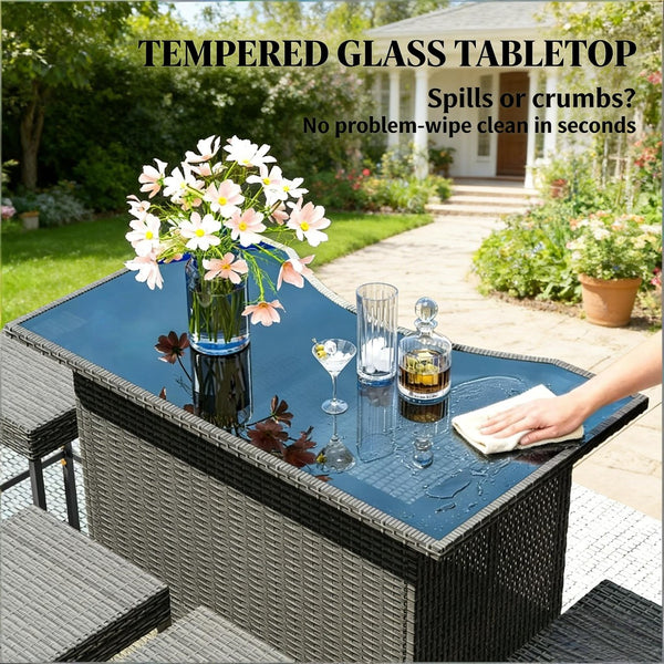 English Elm Bar Height Outdoor Wicker Patio Set with Tempered Glass Table and Four Stools Dark Gray T3971S00211