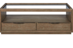 English Elm Glass Top Cocktail Table Cocoa - Tempered Glass, Weathered Wood Finish, Soft-Close Drawers & Casters B2699P323115