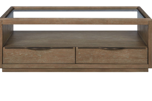English Elm Glass Top Cocktail Table Cocoa - Tempered Glass, Weathered Wood Finish, Soft-Close Drawers & Casters B2699P323115