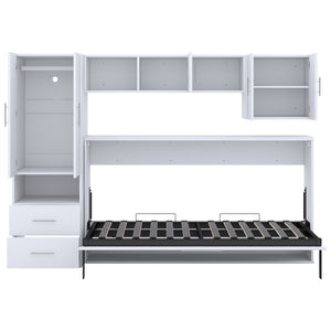 English Elm Twin Murphy Bed with Shelves Drawers Wardrobe & Fold-Down Desk White — Space-Saving Modern Guest Solution GX002022AAK