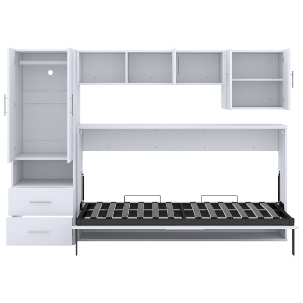 English Elm Twin Murphy Bed with Shelves Drawers Wardrobe & Fold-Down Desk White — Space-Saving Modern Guest Solution GX002022AAK