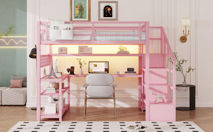 English Elm Full Size Steel Loft Bed with Staircase Storage Wardrobe Desk and Led Lighting Pink W2593S00077