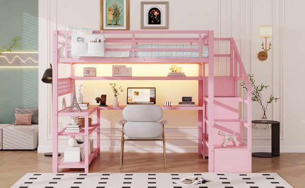 English Elm Full Size Steel Loft Bed with Staircase Storage Wardrobe Desk and Led Lighting Pink W2593S00077