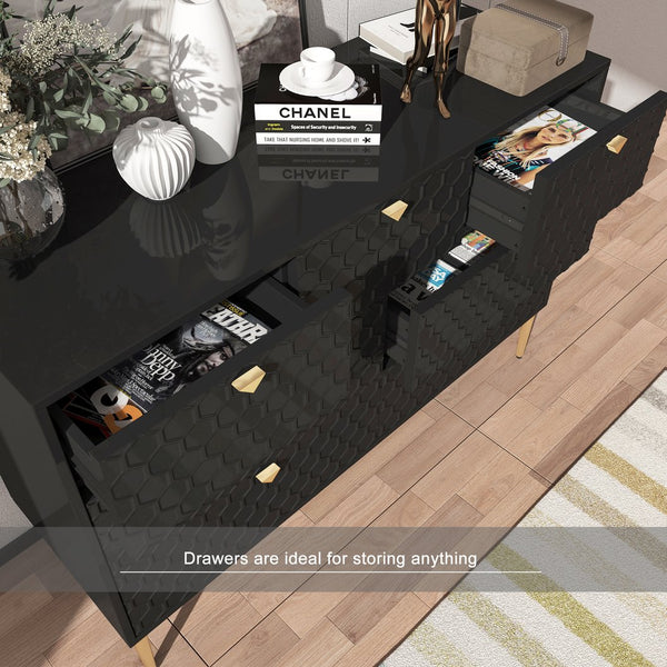 English Elm Modern 7-Drawer Storage Cabinet in Black with Gold Legs & Honeycomb Fronts – Stylish Versatile Organizer for Bedroom, Office, Entryway T3609P347457