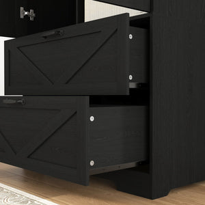 English Elm 2 Door Wardrobe Closet with Full Length Mirror Motion Light Hanging Rod and Drawers Black W409P266778