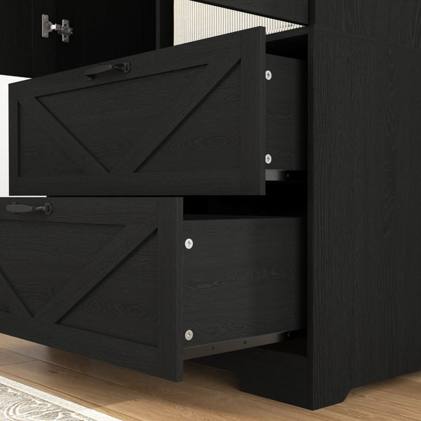 English Elm 2 Door Wardrobe Closet with Full Length Mirror Motion Light Hanging Rod and Drawers Black W409P266778