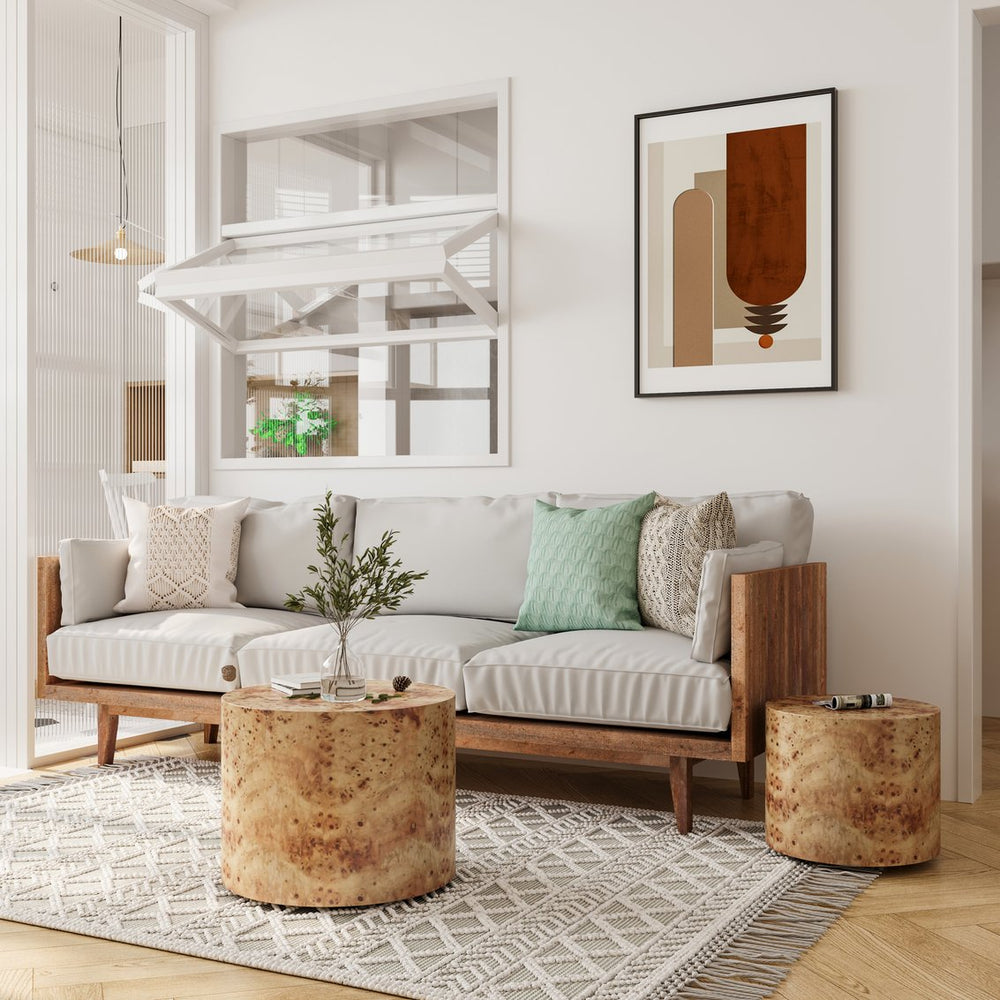 English Elm Nesting Natural Burl Coffee Table Set of 2 — Modern Round Solid Wood Nesting Tables for Small Spaces W1435P254287