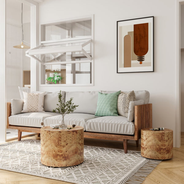 English Elm Nesting Natural Burl Coffee Table Set of 2 — Modern Round Solid Wood Nesting Tables for Small Spaces W1435P254287